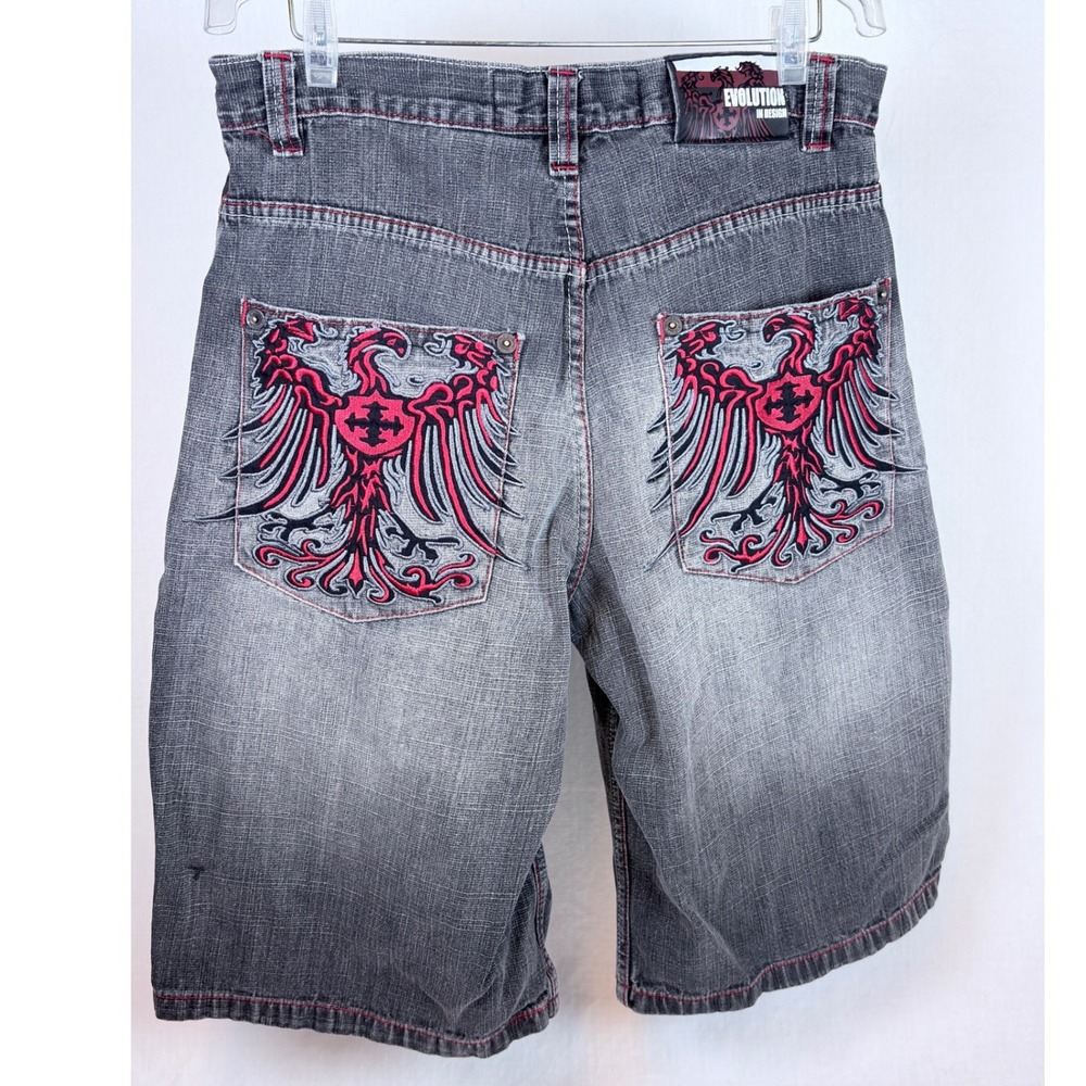 Evolution In Design Men Baggy Black Denim Jorts Red Phoenix Embroidery Sz 34